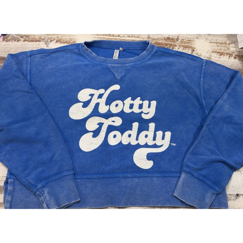Chick-a-d Shorty Hotty Toddy Ribbed Sweatshirt Blue Crop Pullover Womens Medium